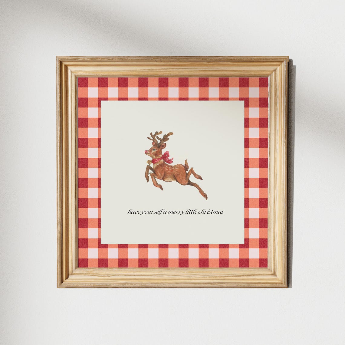 Vintage Leaping Reindeer with Red Bow on Red Gingham Christmas Poster - Image 2