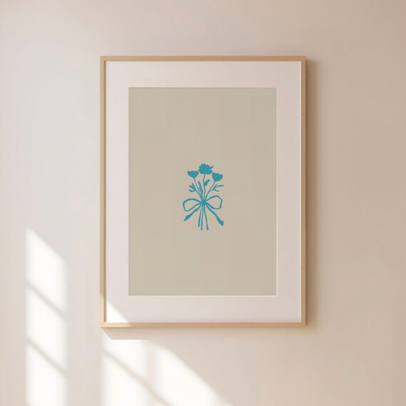 Teal Floral Bouquet Poster with Bow on Warm Beige Background