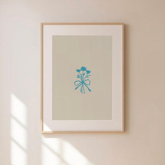Vintage Blue Bow Floral Print Wall Art Nursery Art Abstract Vintage Painting Cottagecore Decor Art