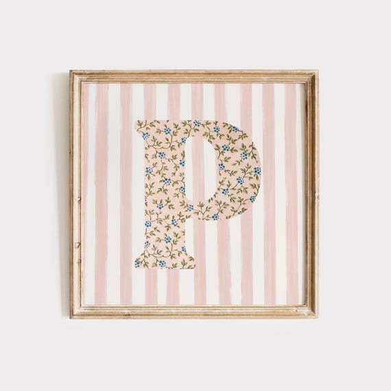 P Square Initial Floral Watercolor Art Print, Vintage