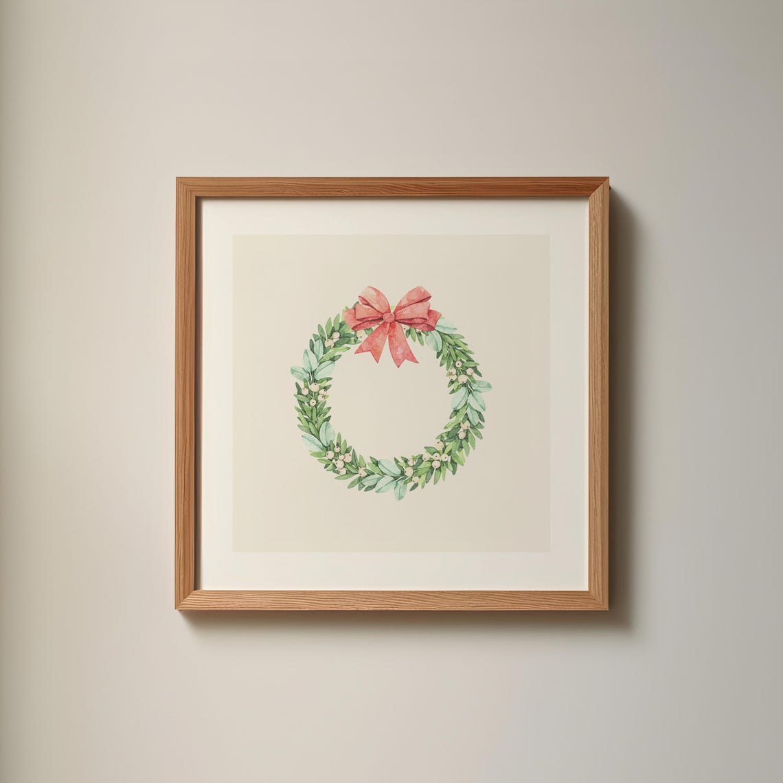Hand Painted Watercolor Christmas Wreath with Red Bow on Cream Poster - Image 2