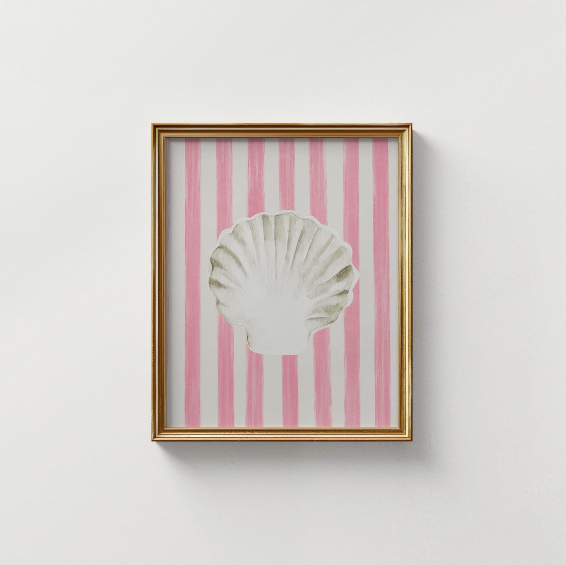 White Scallop Shell Pink Stripe Background Coastal Art Print Poster - Image 4