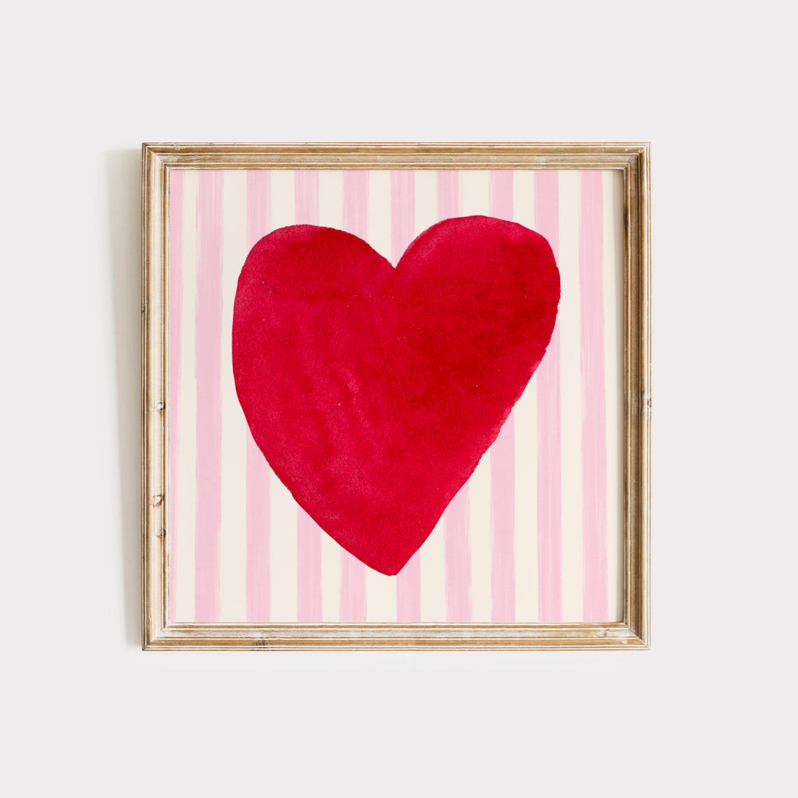 Bright Red Watercolor Heart Pink Striped Square Valentine Art Poster