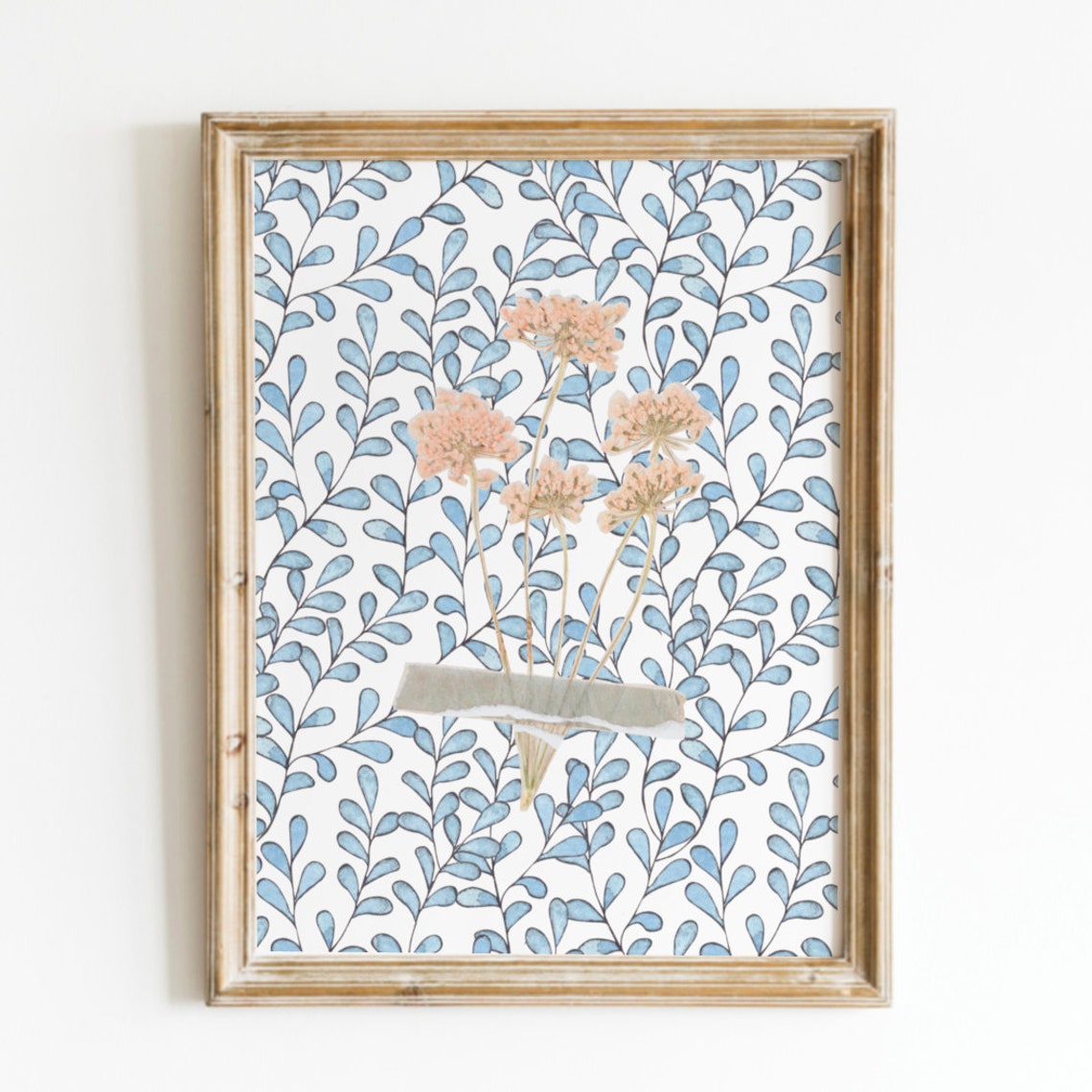 Blue Leaf Vine Pattern With Taped Blush Floral Collage Poster