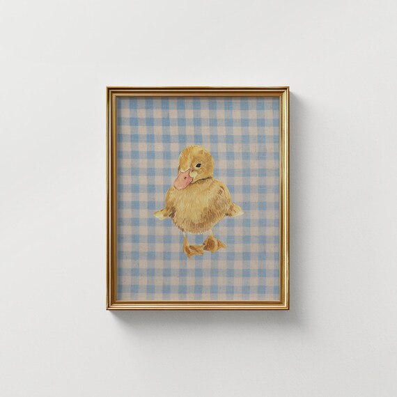 Blue Gingham Yellow Duckling Watercolor Framed Nursery Poster