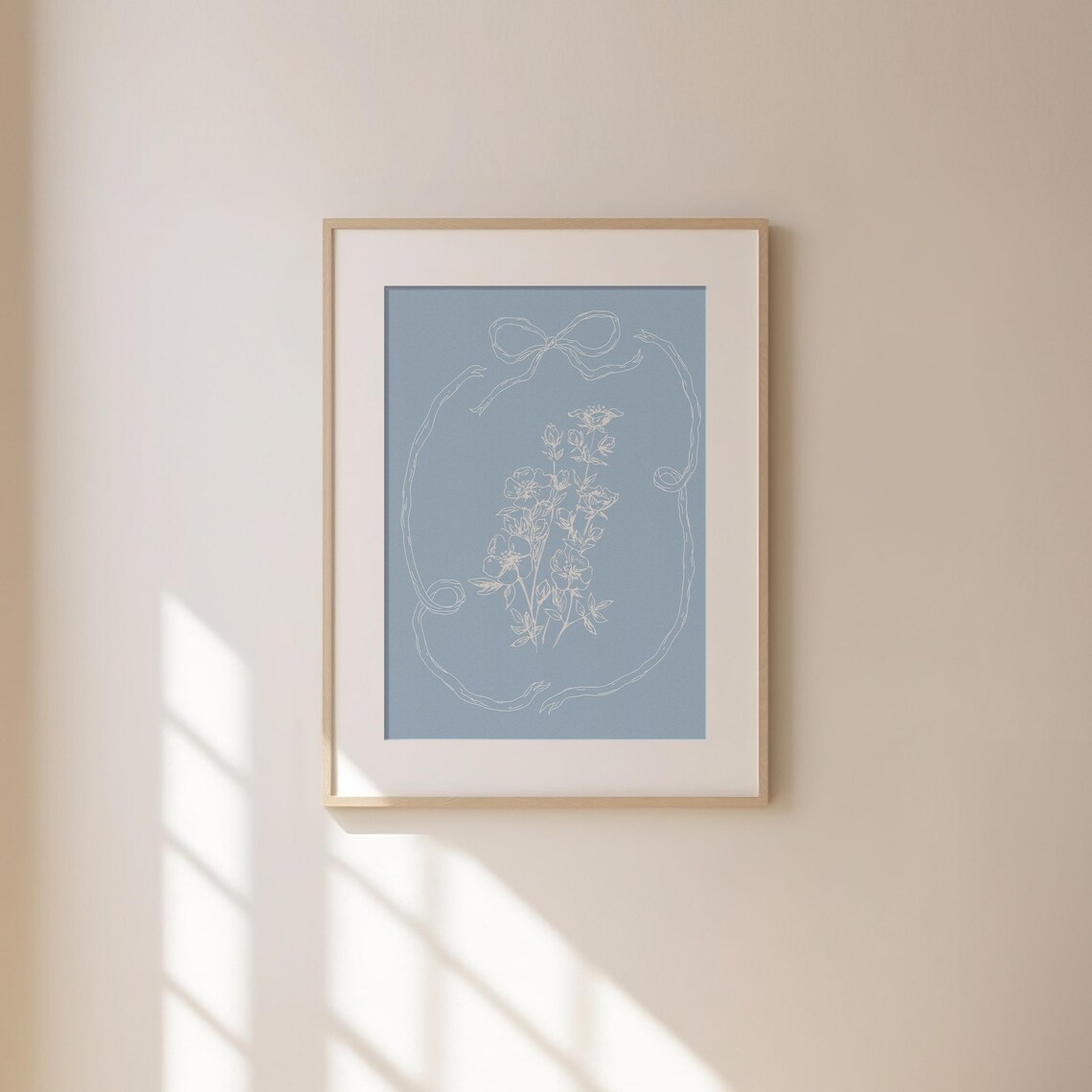 Sweet Cornflower Blue Line Floral Bouquet with Ribbon Bow Poster