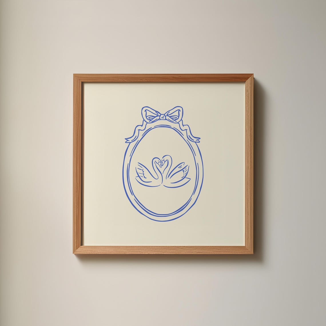 Blue Line Two Kissing Swans Love Romantic Bow Oval Frame Art Print