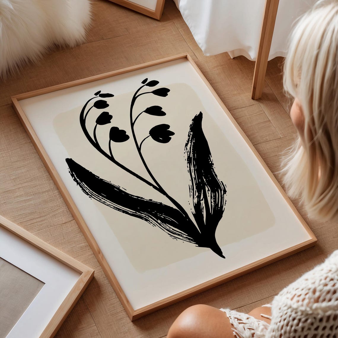 Black Ink Lily Of The Valley Botanical Abstract Wall Art Print - Image 2