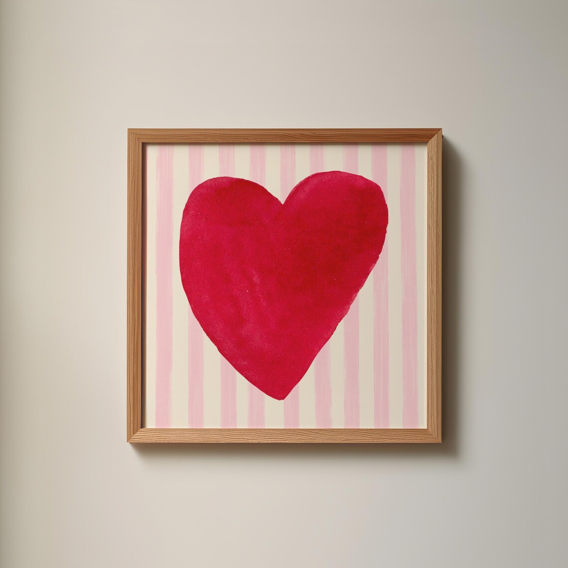 Bright Red Watercolor Heart Pink Striped Square Valentine Art Poster - Image 2
