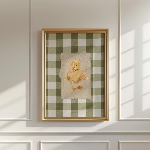 Watercolor Duckling Green Gingham Nursery Farmhouse Kitchen Poster