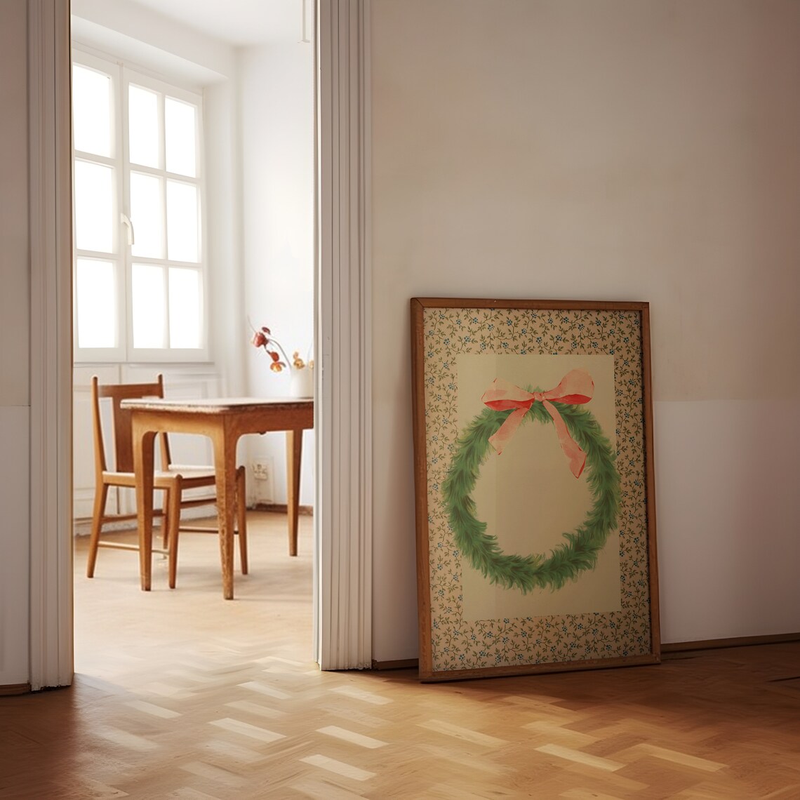 Green Christmas Wreath with Coral Pink Bow Holiday Wall Poster - Image 2