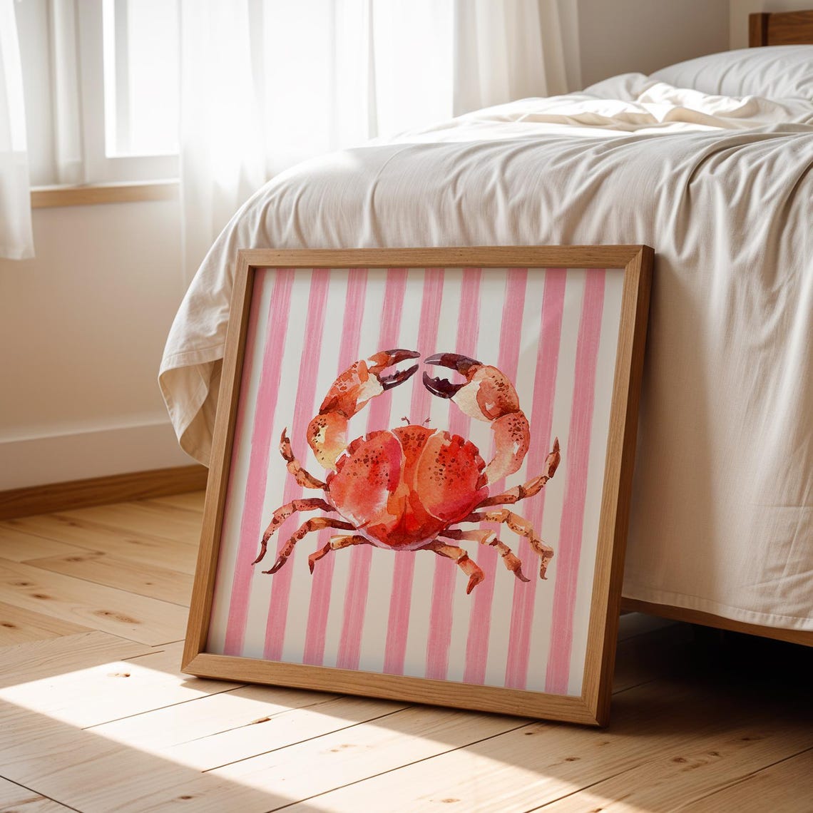 Coral Pink Watercolor Crab Pink Striped Coastal Kitchen Wall Poster - Image 3