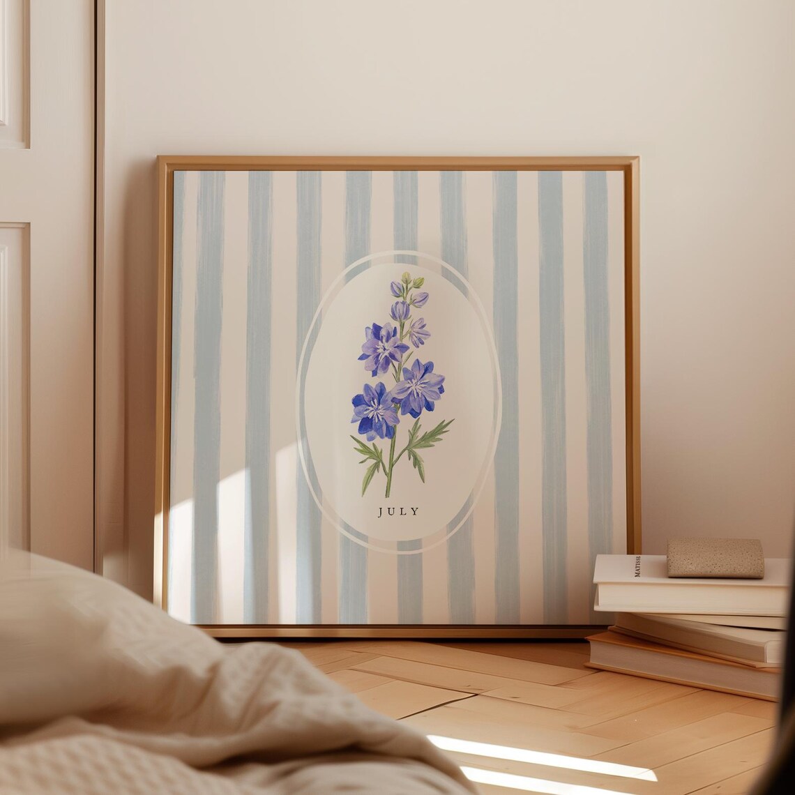 July Larkspur Birth Flower Blue Striped Botanical Art Poster