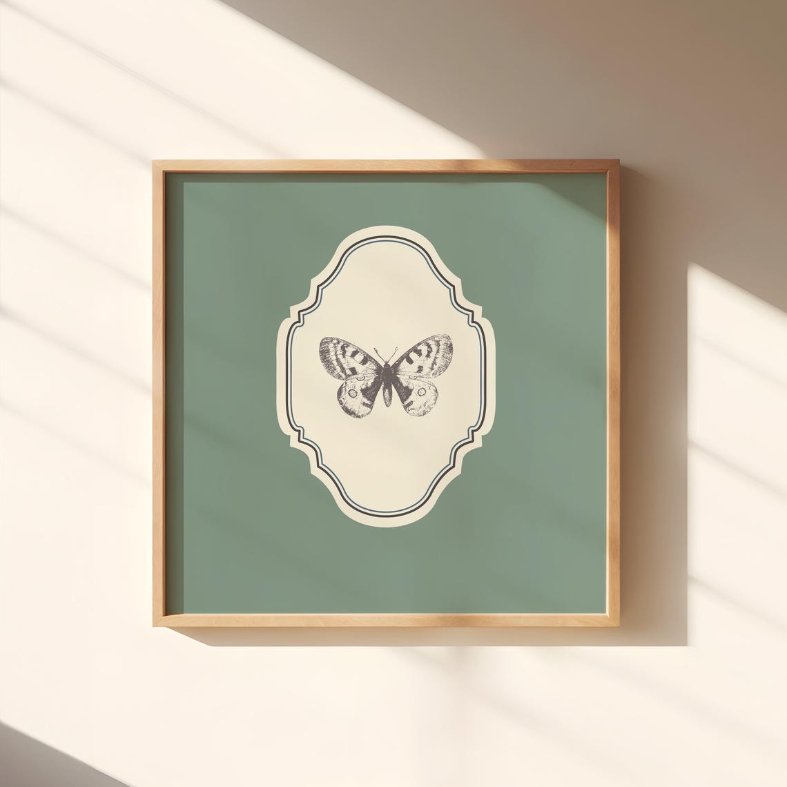 Sage Green Square Vintage Butterfly Engraving Ornate Art Poster - Image 2