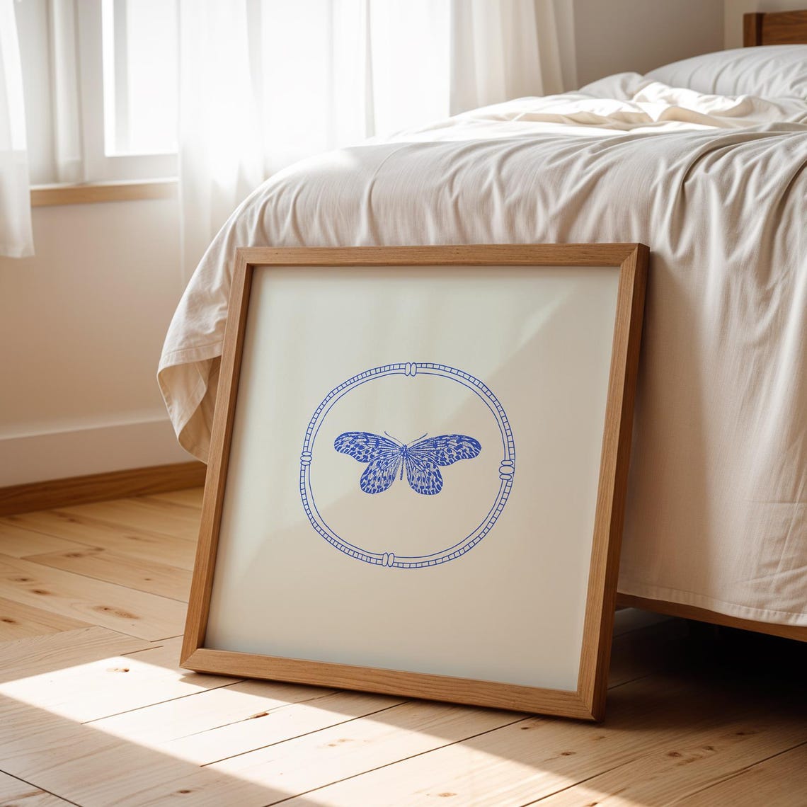 Blue Line Butterfly Vintage Oval Frame Nursery Cottage Wall Art Poster - Image 2