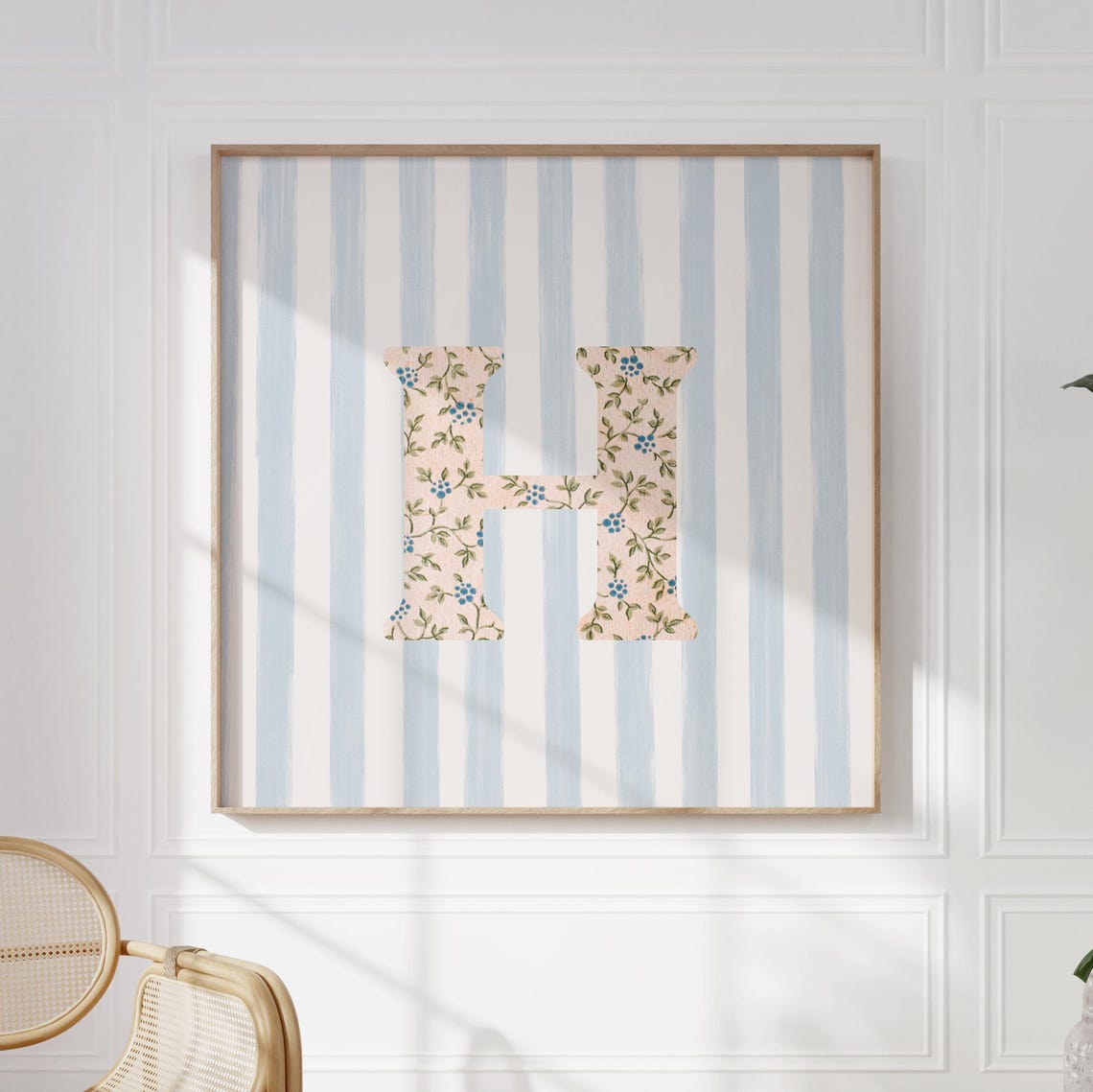 Floral Letter H Initial on Blue Striped Nursery Monogram Poster
