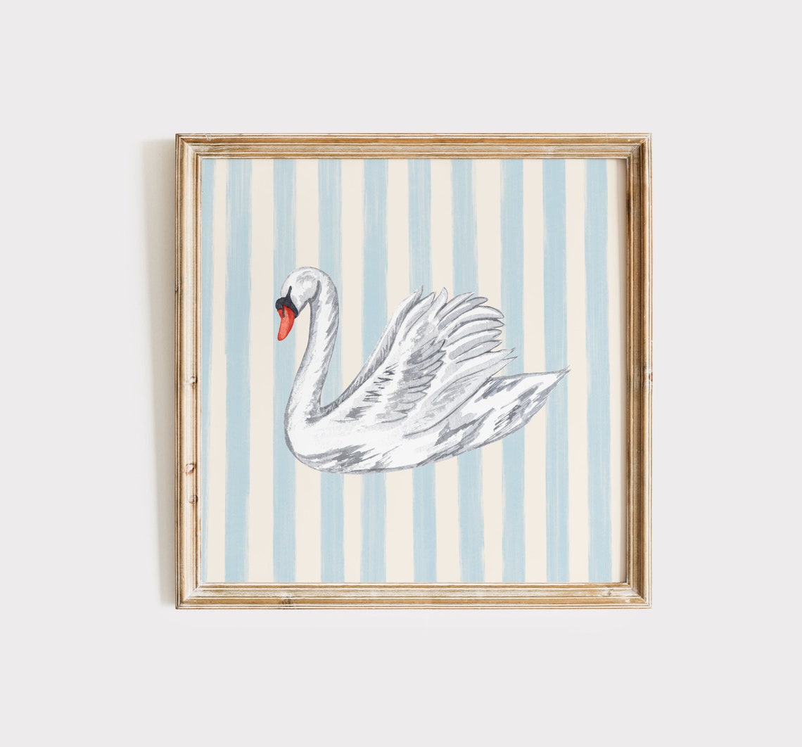 White Swan Watercolor on Blue Striped Background Square Poster