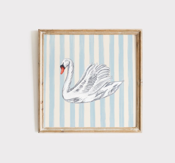 Blue Striped Swan Print Instant Wall Art Trendy Decor Nautical Illustration Living Room Art Cottage Nursery