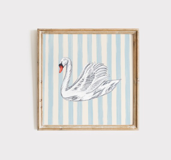 White Swan Watercolor on Blue Striped Background Square Poster