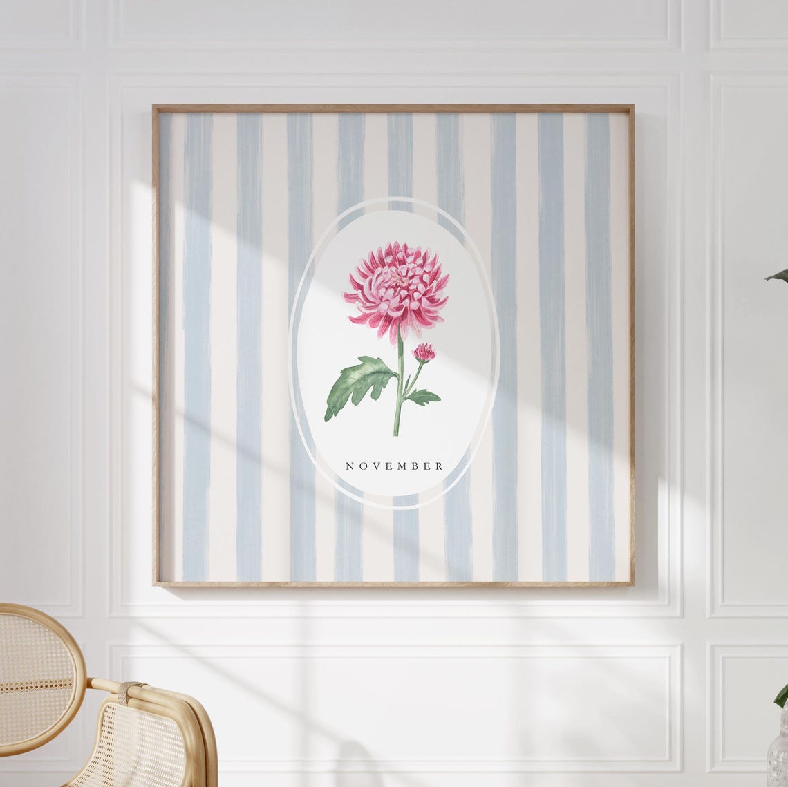 November Chrysanthemum Birth Flower Watercolor Striped Art Poster - Image 3