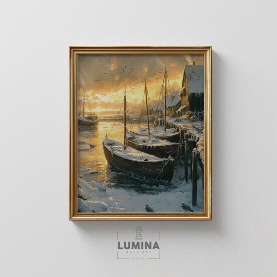Frozen Harbor Golden Winter Light Snow Covered Boats at Sunset Art Poster