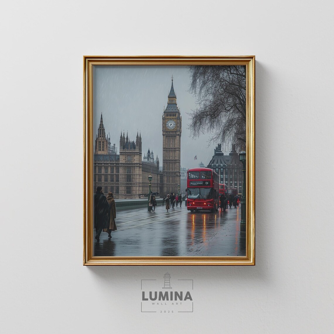 London Big Ben Rainy Street Red Bus Moody Urban Street Scene Poster