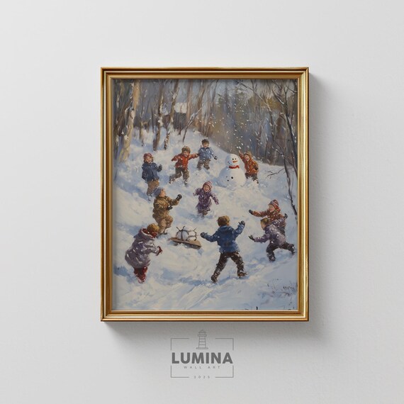 Snowy Forest Children Snowball Fight Snowman Winter Fun Painting Poster