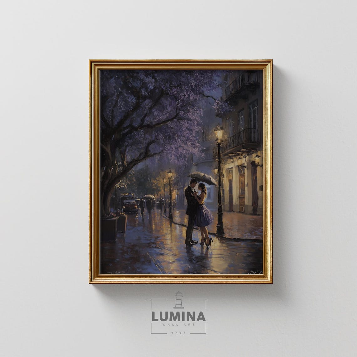 Buenos Aires Rainy Night Couple Jacaranda Trees Romance Poster