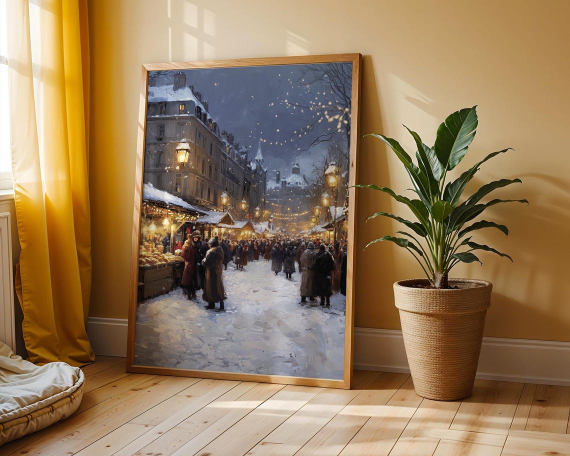 European Winter Market Square Night Festive Snow Scene Poster