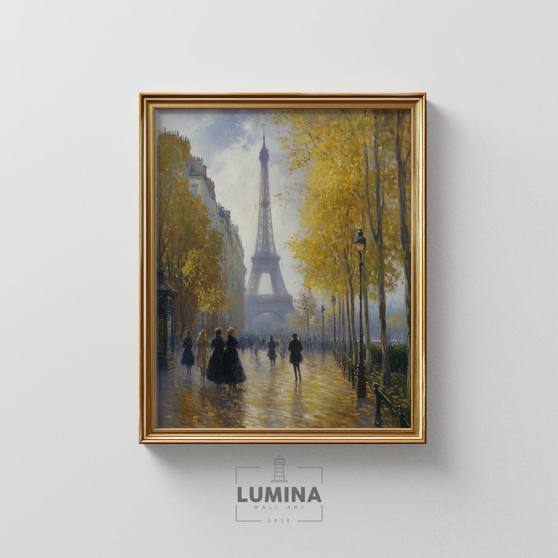 Eiffel Tower Paris Autumn Avenue Golden Leaves Painting Poster