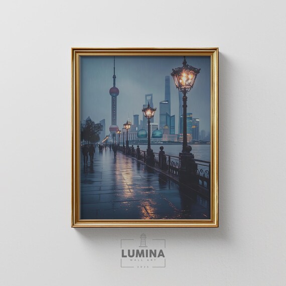 Shanghais Bund In A Light Rain Iconic Skyline With Moody Reflections Modern Asian Cityscape Wall Decor 280