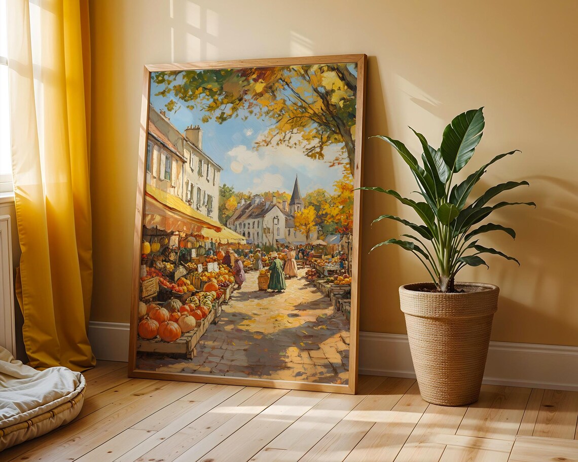Autumn Village Market Harvest Pumpkin French Street Scene Poster