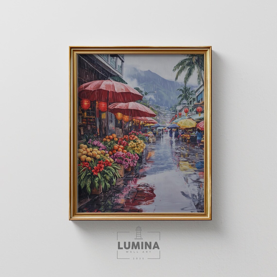 Rainy Market Street With Lanterns And Flower Stalls Vibrant Wall Art