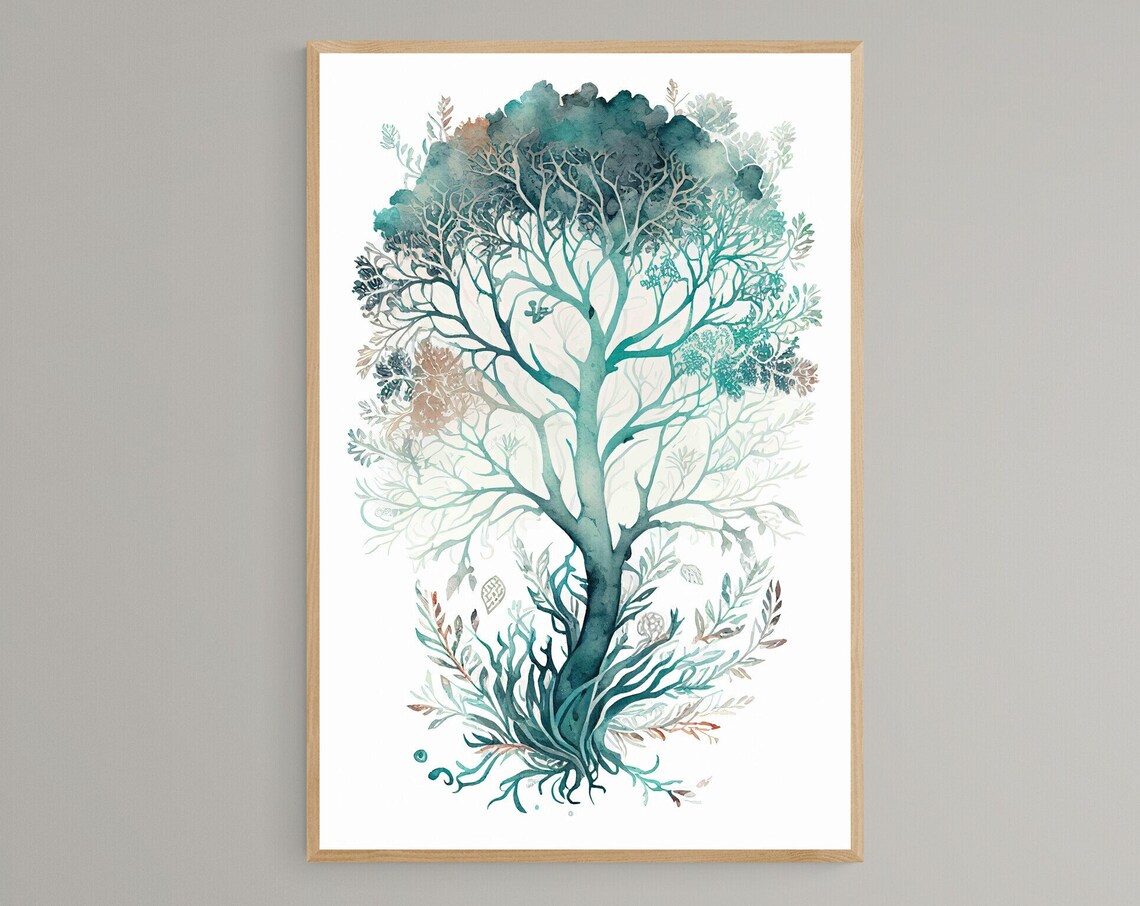 Teal Tree Of Life Watercolor Botanical Zen Spiritual Art Poster