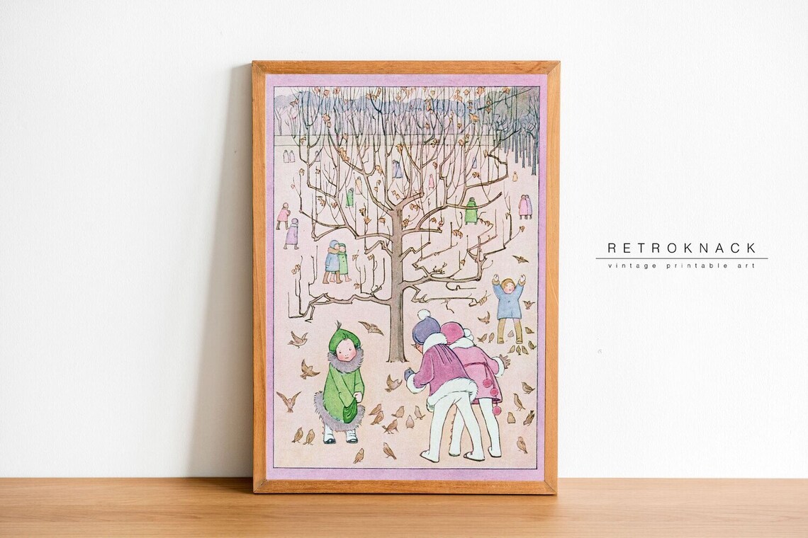 Vintage Scandinavian Winter Children Birds in Bare Woods Nursery Print - Image 3