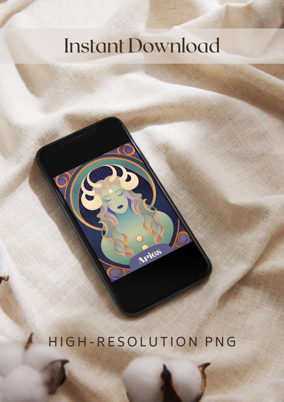 Aries Zodiac Goddess Mystical Art Nouveau Ram Horns Astrology Wall Art - Image 2