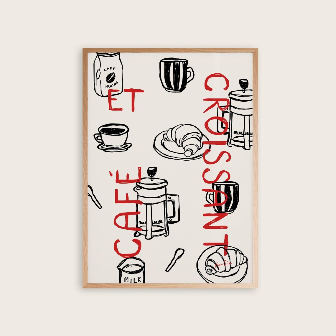 Cafe Et Croissant French Press Coffee Kitchen Hand Drawn Poster
