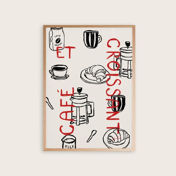 Coffee Poster French Cafe Hand Drawn Bar Print Framed Or Unframed Wall Art And Croissant Kitchen Decor Gift Ideas
