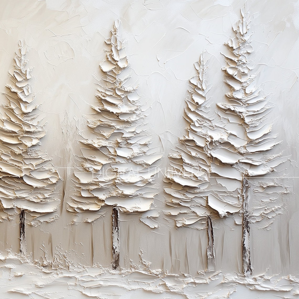 Seven White Textured Pine Trees Beige Winter Forest Scene Wall Art - Image 3