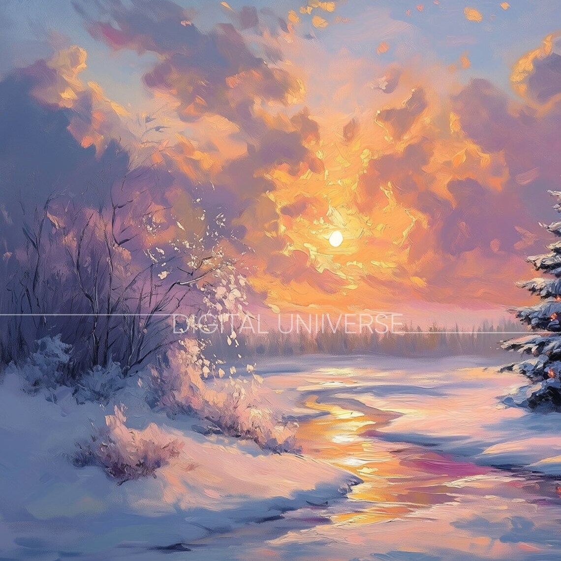 Christmas Tree Frozen Lake Sunset Snowy Winter Landscape Painting Poster - Image 4