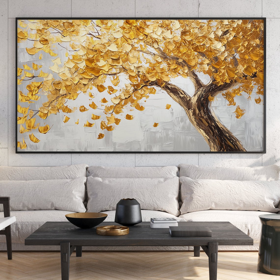 Twisted Golden Tree with Falling Amber Leaves Fall Decor Wall Art - Image 6