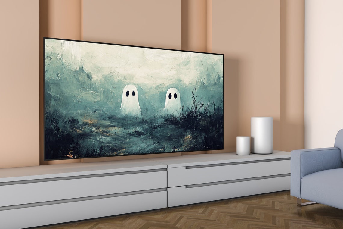 Two Cute White Ghosts Misty Teal Landscape Spooky Cute Painting Poster - Image 5