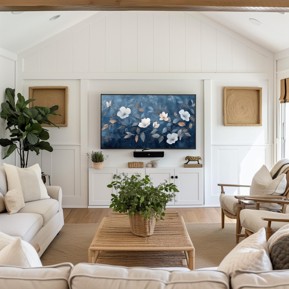White Flowers on Deep Navy Blue Moody Floral Painting Wall Art - Image 5