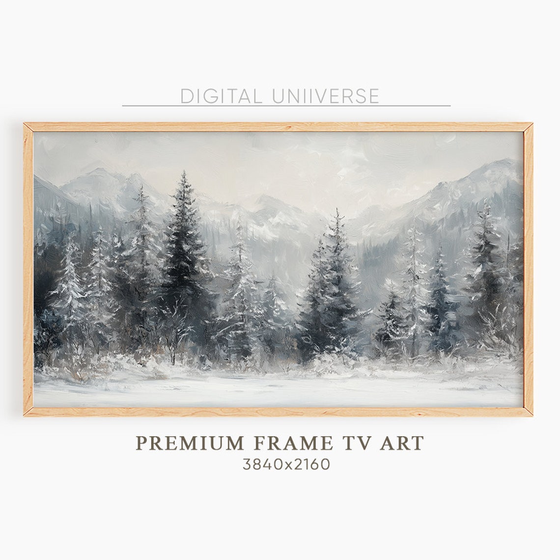Moody Gray Winter Forest with Snowy Peaks Rustic Landscape Wall Art
