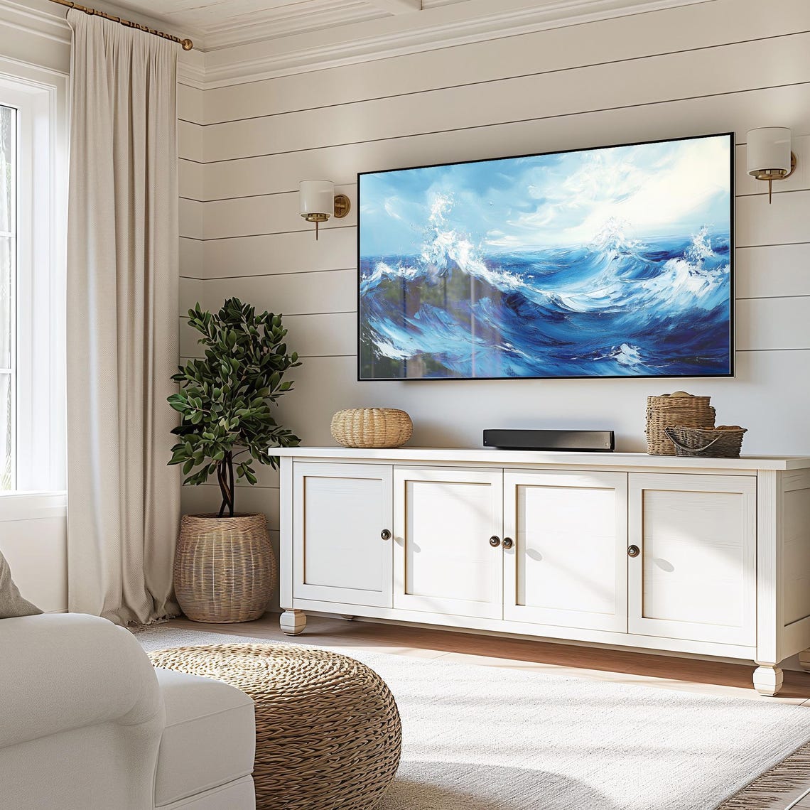 Dramatic Blue Ocean Waves Crashing Stormy Sea Painting Wall Art - Image 3