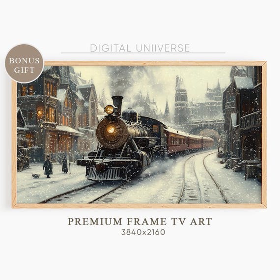 Frame Tv Art Christmas Express Train Green And Red Moody Winter Landscape Snowy Railroad Christmas Tv Art