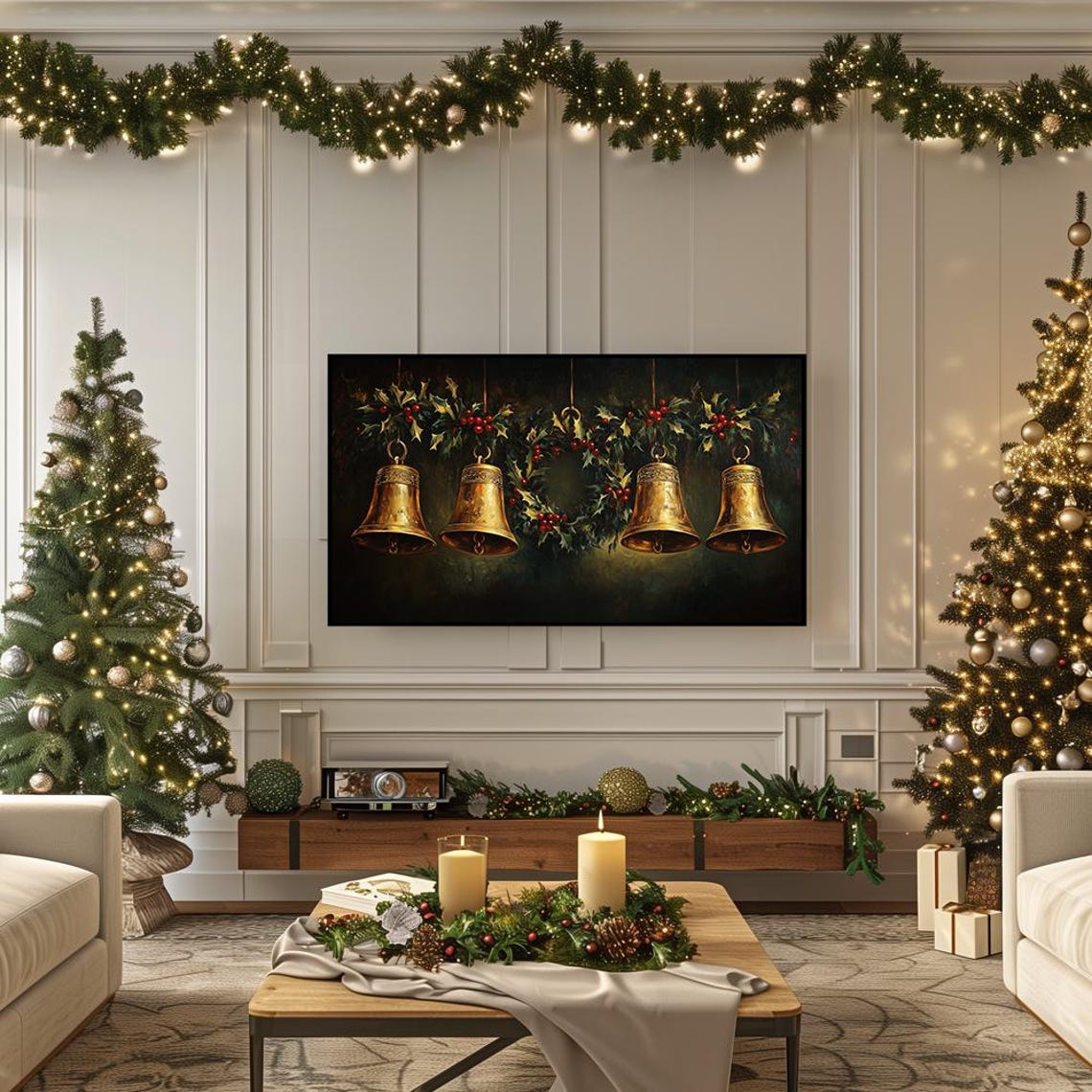 Four Golden Brass Bells with Holly Vintage Christmas Decor Poster - Image 5