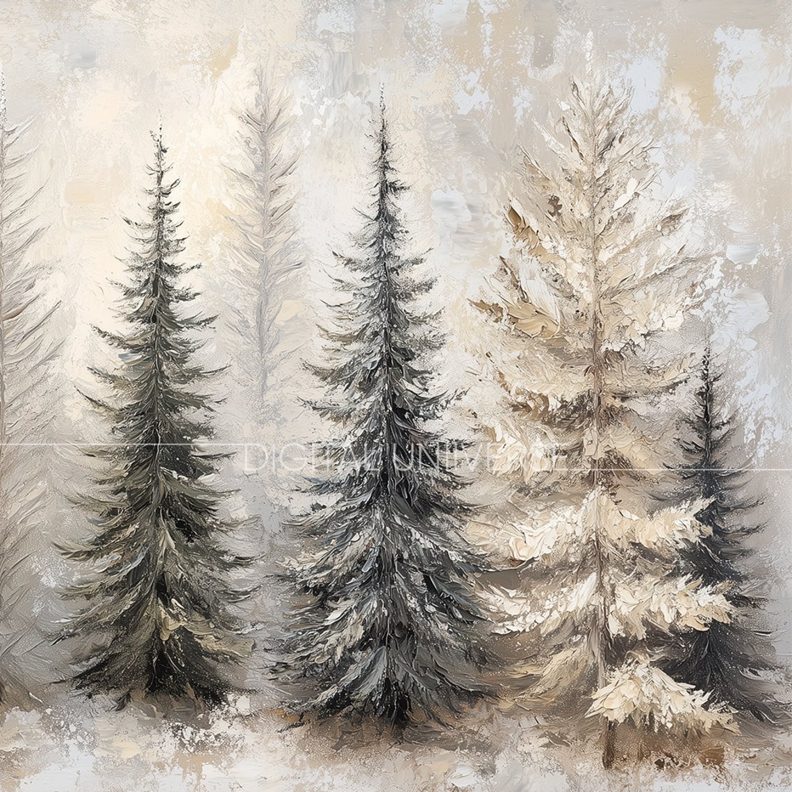 Row of Winter Pine Trees Gray Tones Forest Painting Wall Art - Image 3