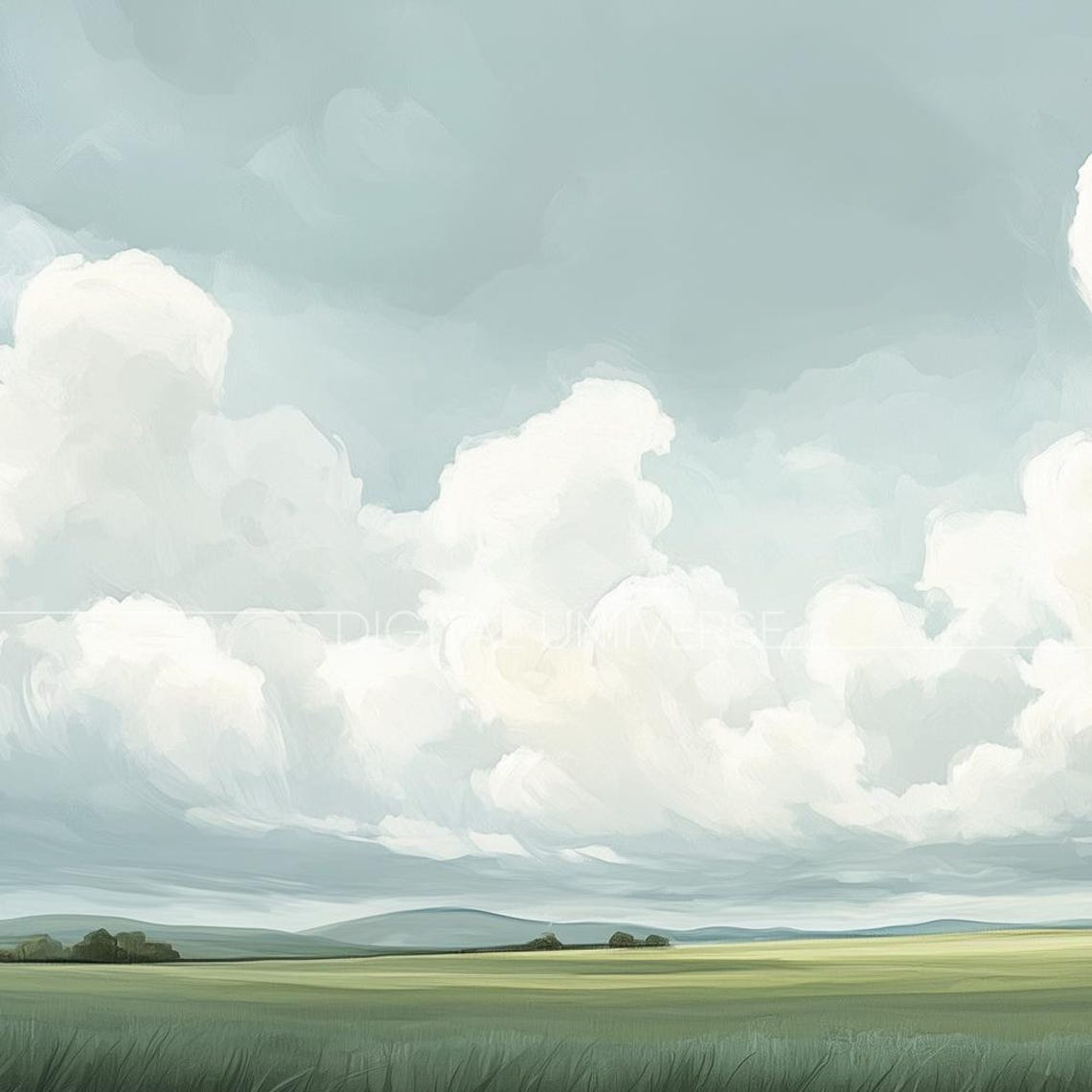 Green Prairie Meadow Under Billowing Clouds Landscape Wall Art - Image 3