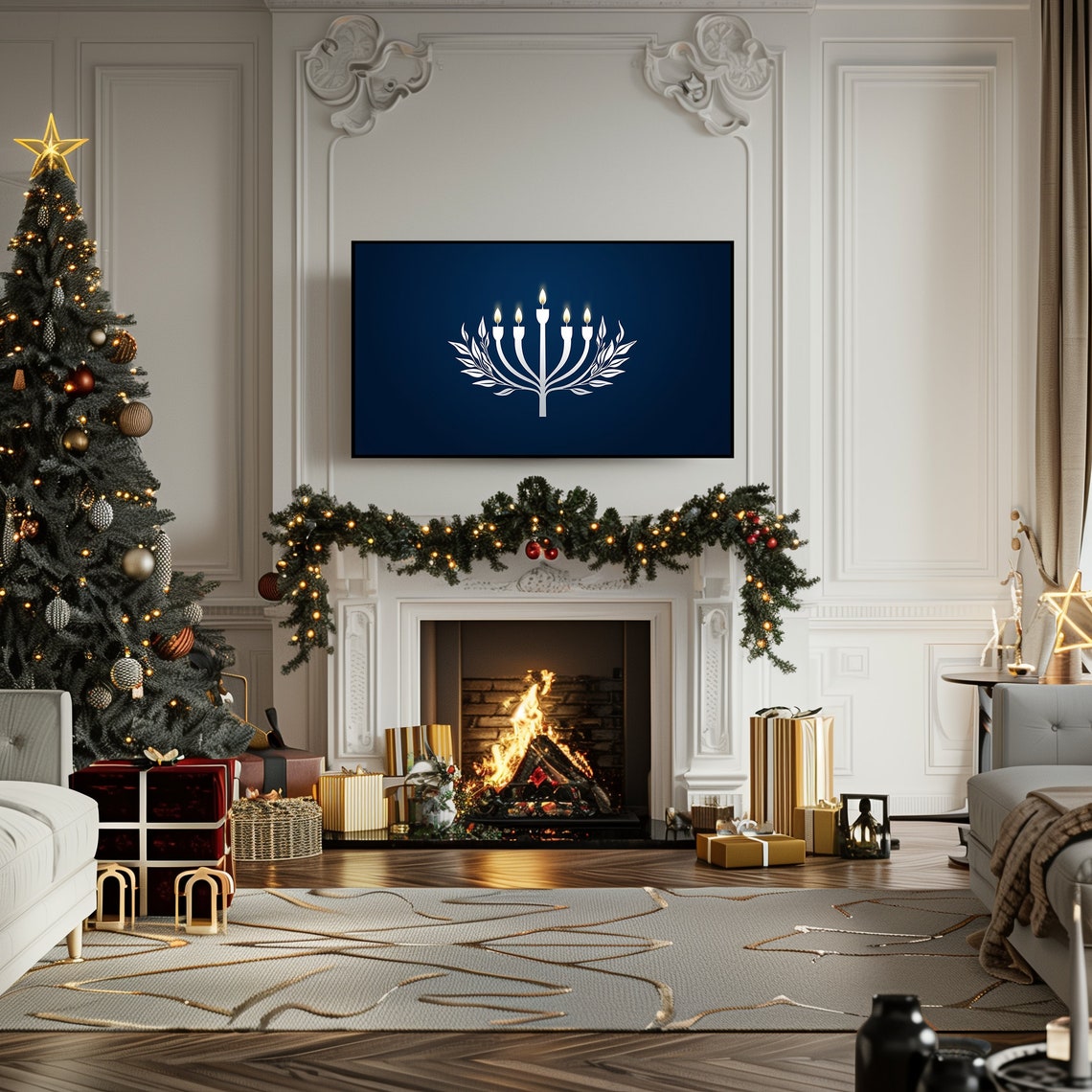 Modern White Menorah on Navy Blue Elegant Hanukkah Celebration Poster - Image 5